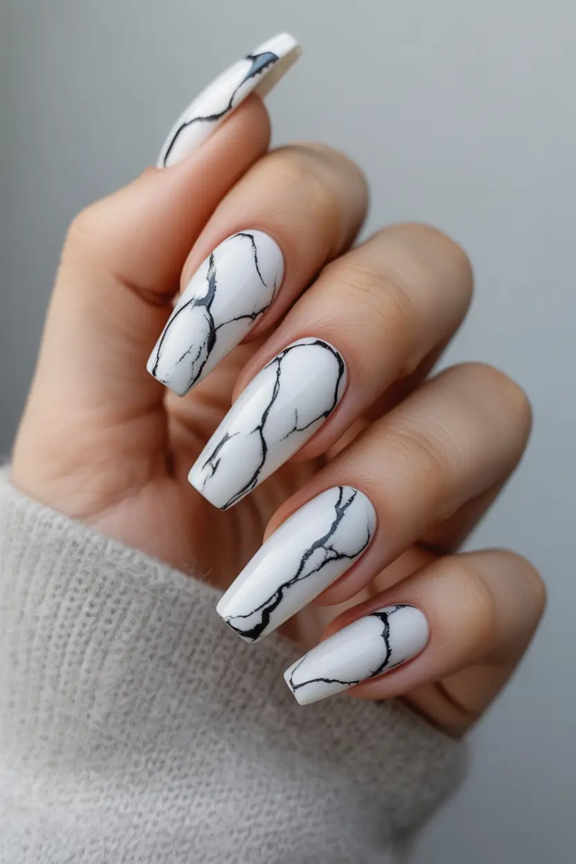 fall coffin nail Marble-Inspired Monochrome