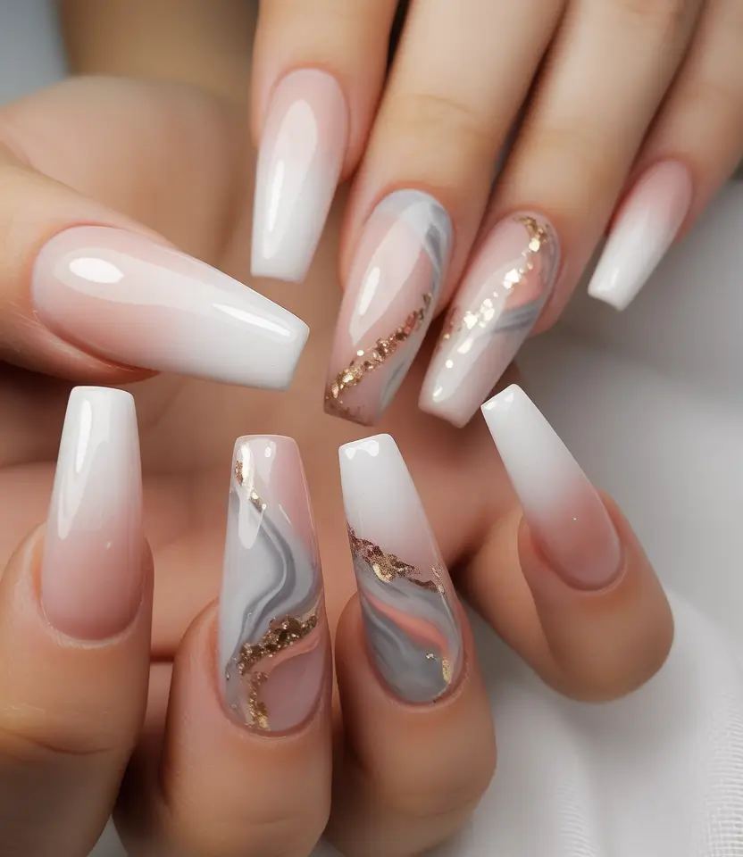 fall coffin nail Neutral Glam With Gold Veins