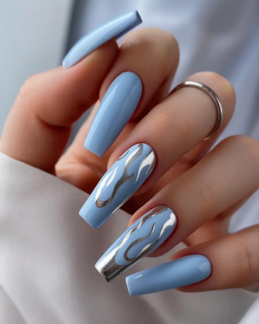 fall coffin nail Metallic Flames on Powder Blue
