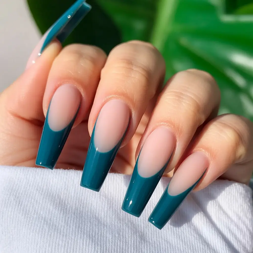 fall coffin nail Deep Teal French Twist