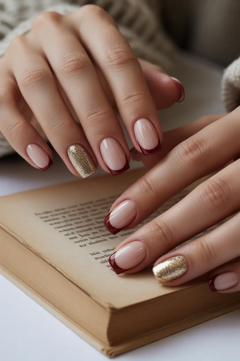 Fall French tip nails Wine-Toned Tips with Golden Accent