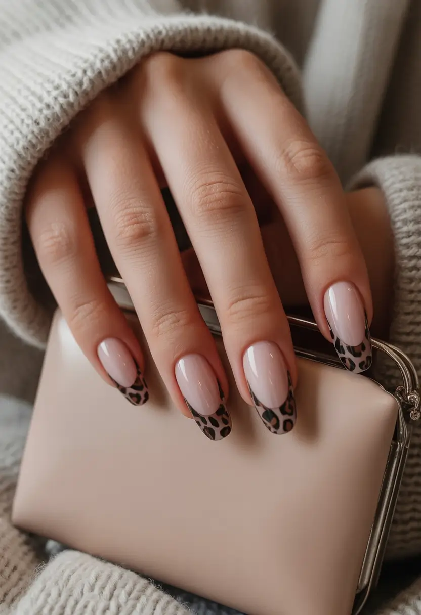 Fall French tip nails Classic Leopard Edge