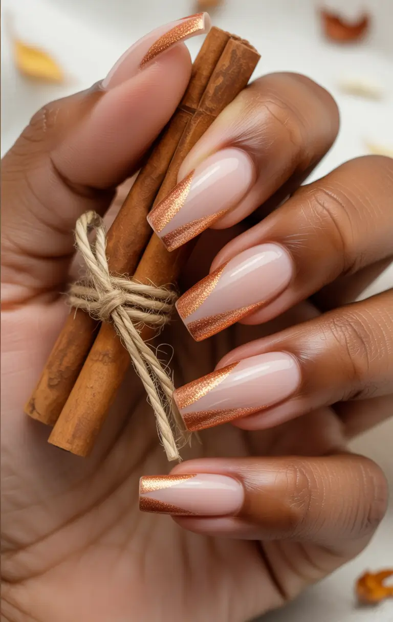 Fall French tip nails Cinnamon Copper Swirls