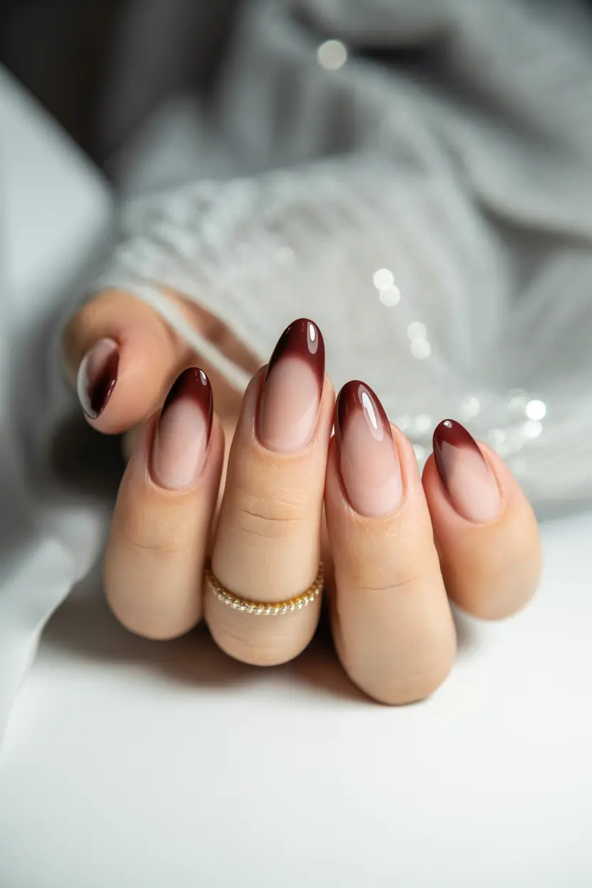 Fall French tip nails Deep Burgundy Ombre