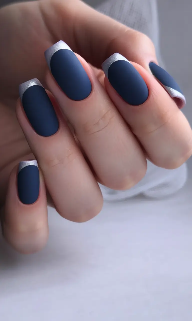 Fall French tip nails Midnight Blue with Silver Tips