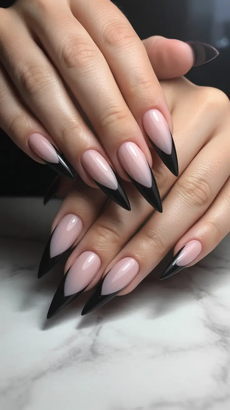 Fall French tip nails Sharp Black Stiletto French