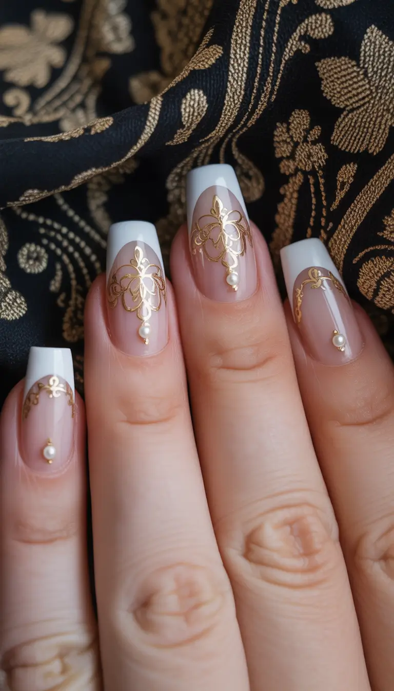 Fall French tip nails Ornate White & Gold French