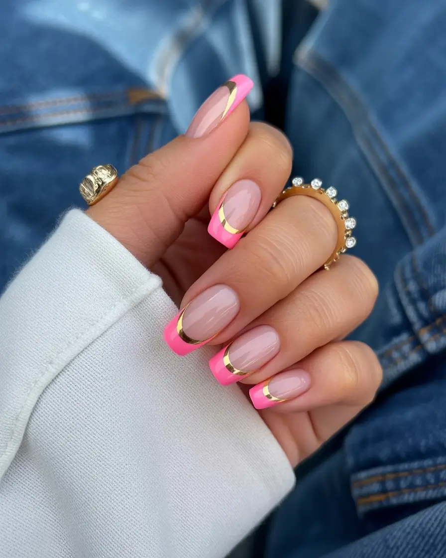 Fall French tip nails Hot Pink with Metallic Edge