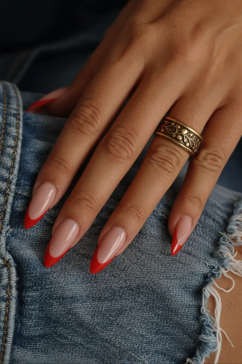 Fall French tip nails Classic Red Almond French