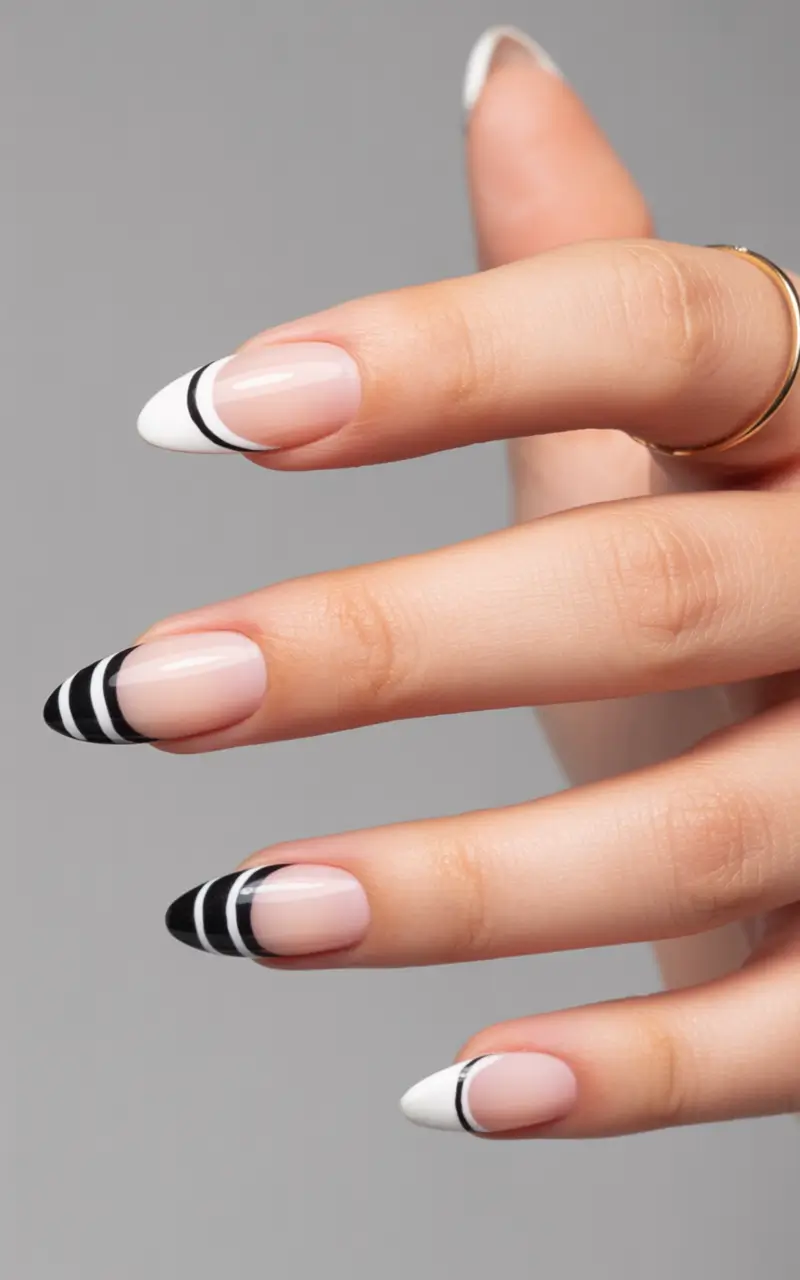 Fall French tip nails Monochrome Stripes Twist