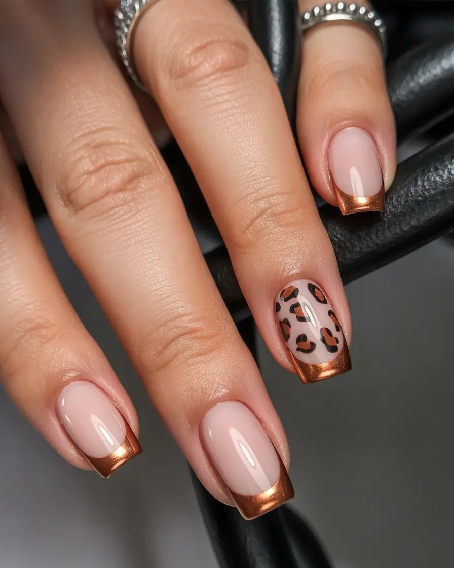 Fall French tip nails Copper Leopard Chic