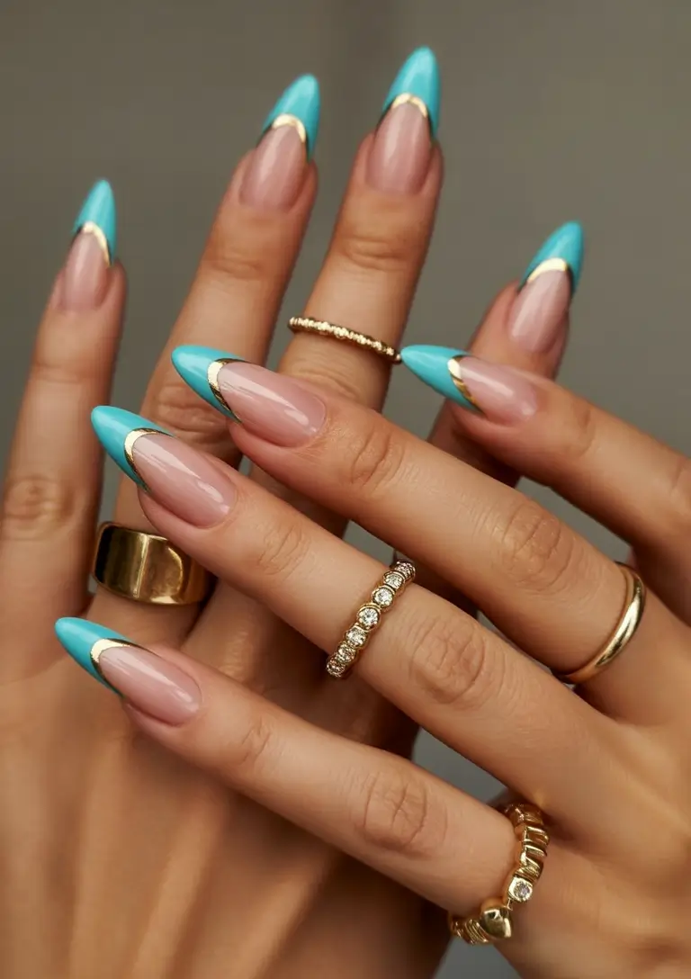 Fall French tip nails Turquoise Glam with Golden Band