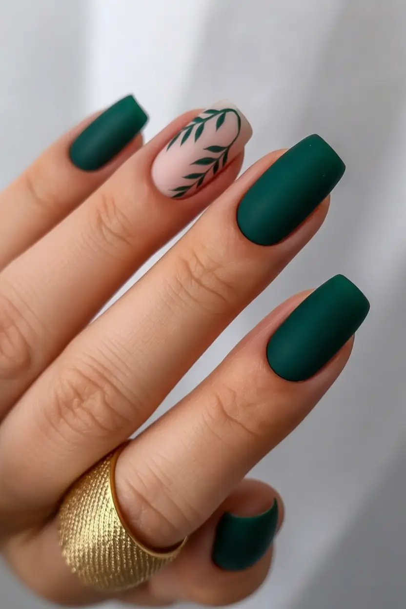 23 2025 Fall Nail Colors Trendy Shades – Evergreen Velvet With Botanical Accent