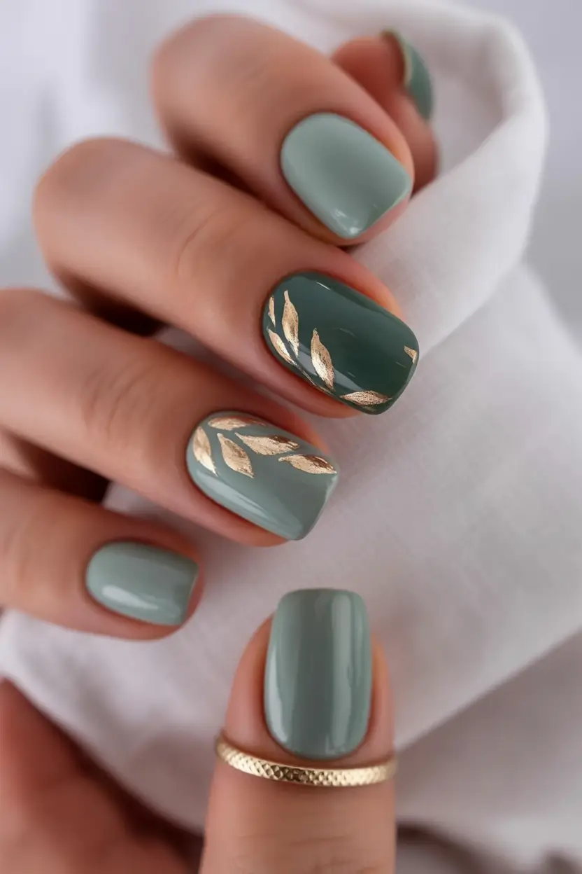 23 2025 Fall Nail Colors Trendy Shades – Sage Eucalyptus With Gilded Sprigs