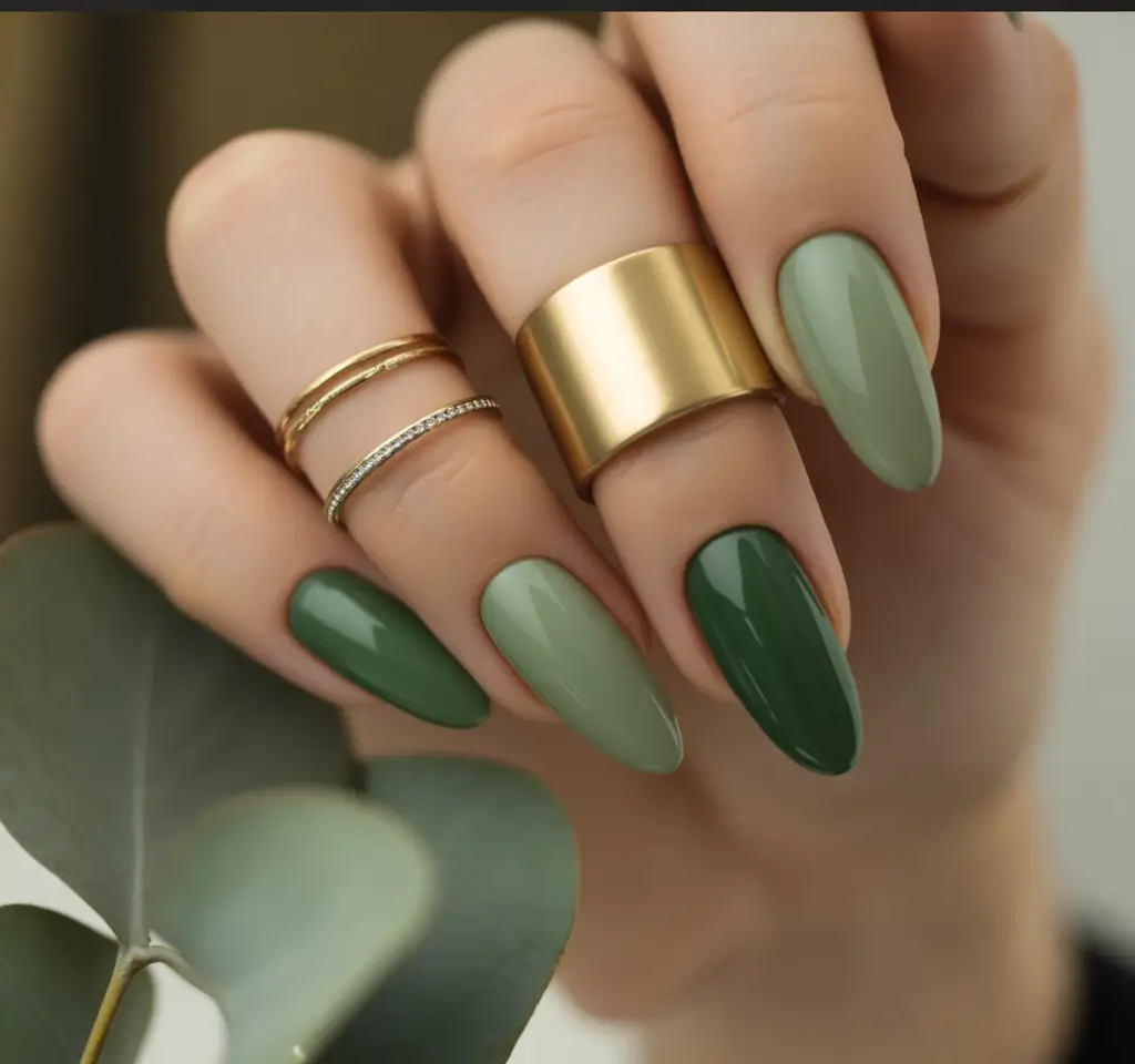 23 2025 Fall Nail Colors Trendy Shades – Eucalyptus Duo Almonds