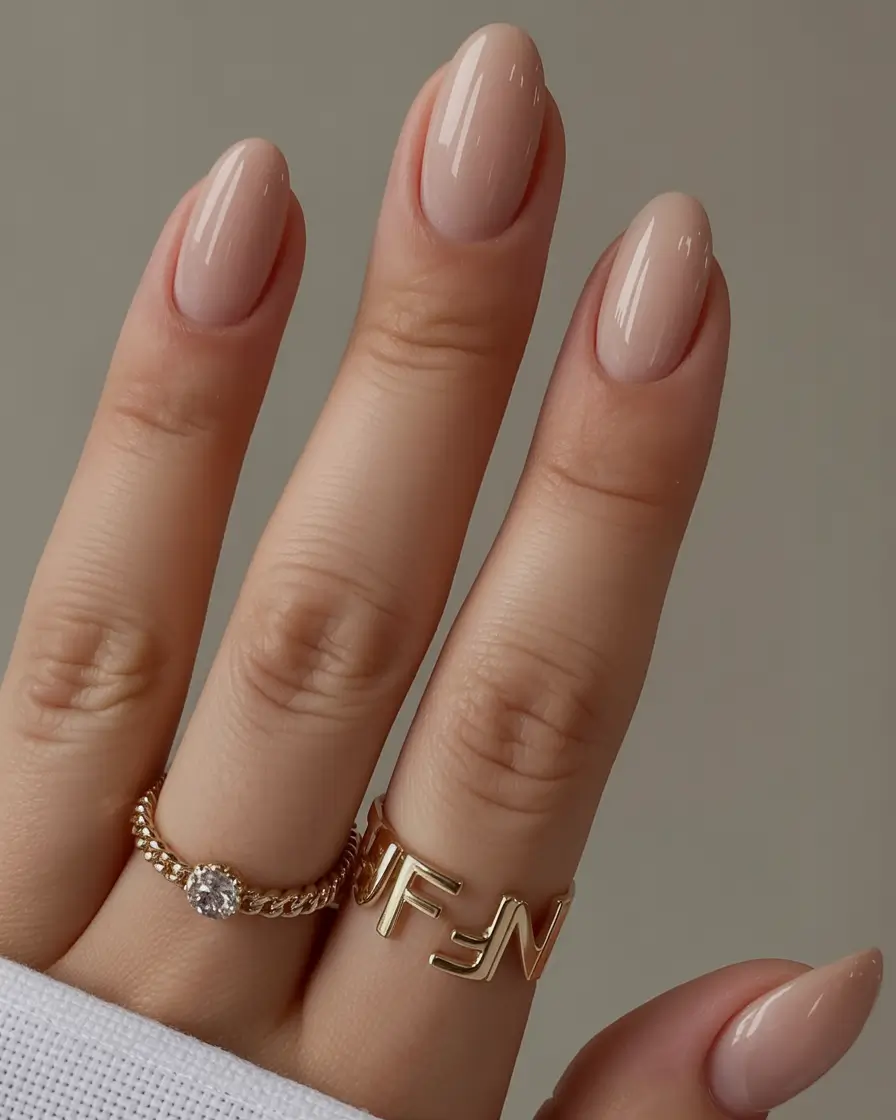neutral fall nails Classic Glossy Beige Almonds