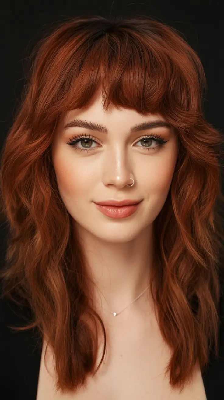 Fall Hair Colors for Warm Skin Tones+Burnished Copper Shag with Bangs