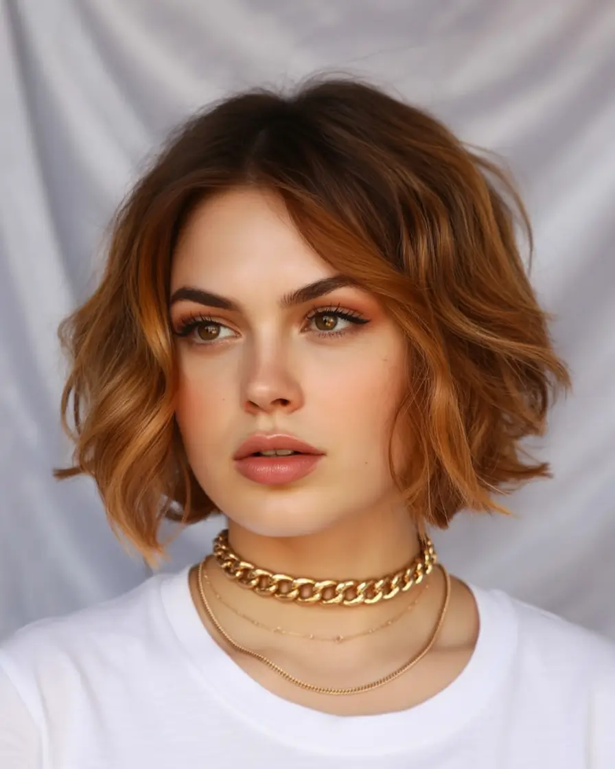 Fall round face haircut Warm-Toned Textured Bob with Loose Layers