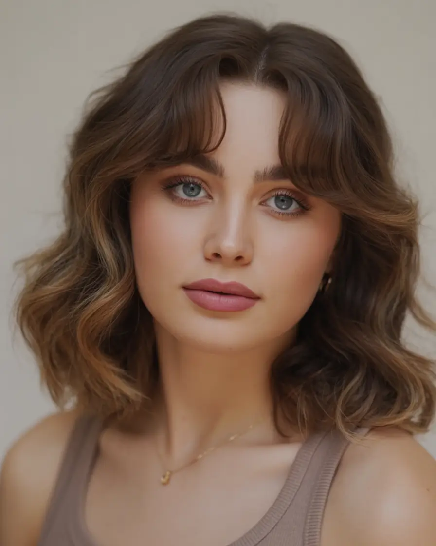 Fall round face haircut Textured Medium Waves with Soft Curtain Bangs
