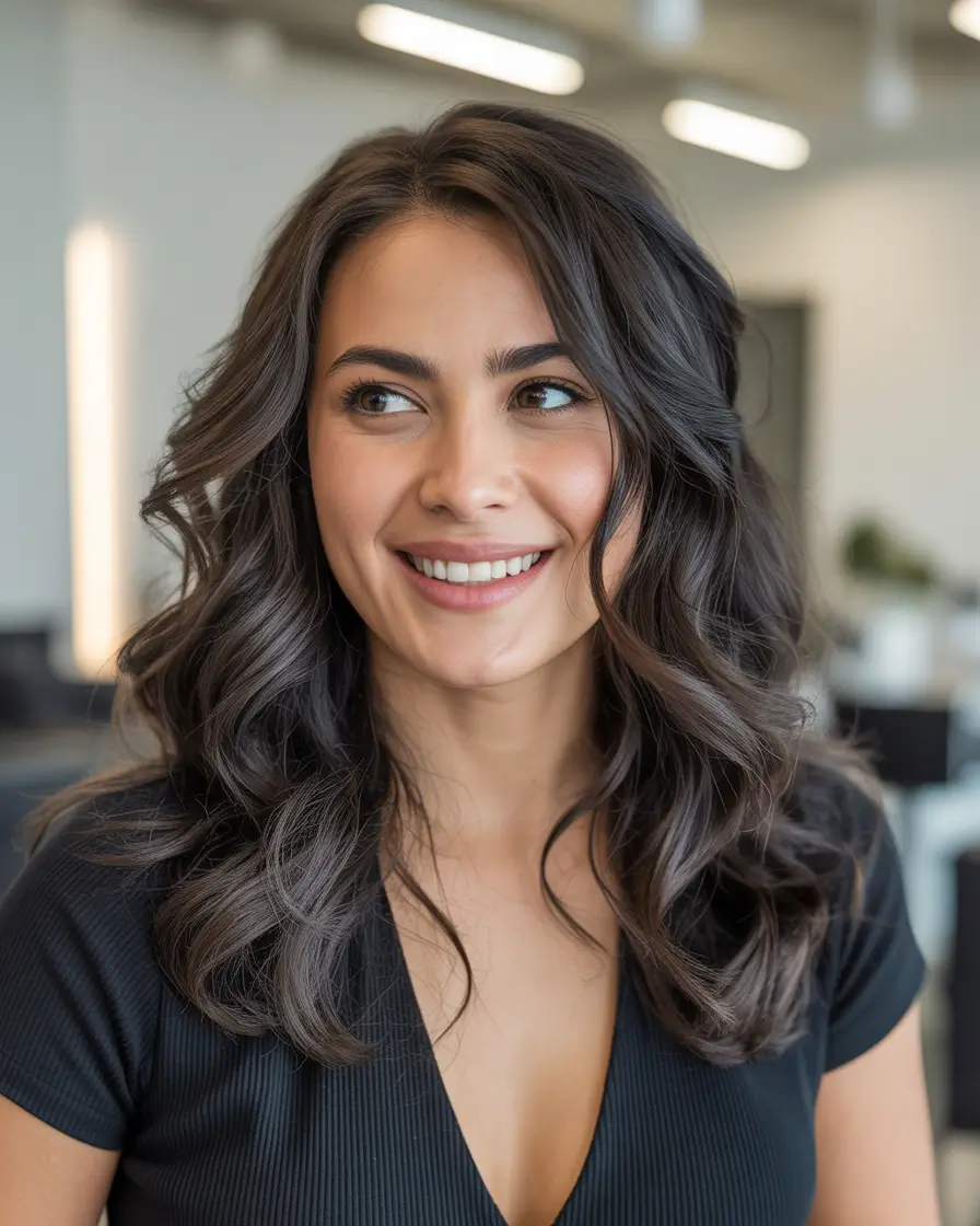 Fall round face haircut Glossy Long Layers with Curled Ends