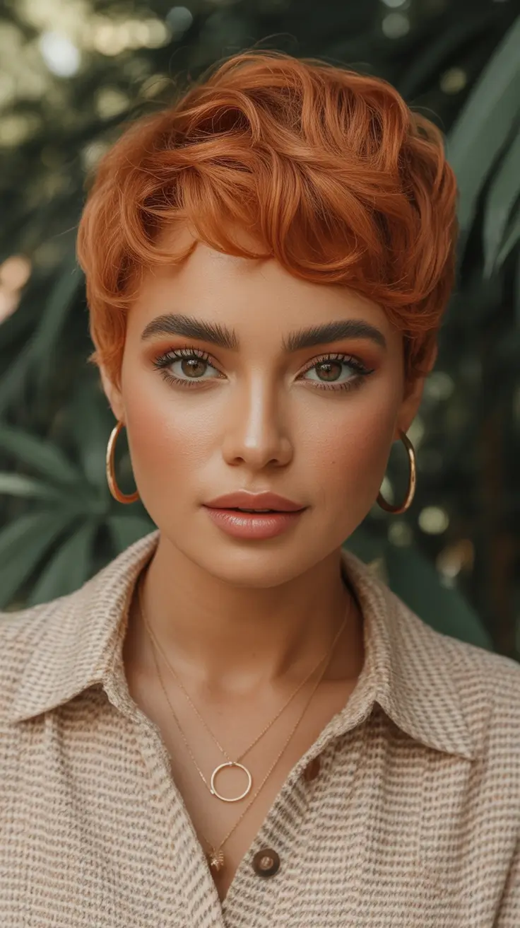Fall round face haircut Copper Micro-Curls on a Short Pixie