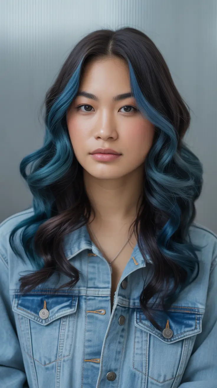 Fall round face haircut Deep Blue Waves with Sleek Curtain Framing