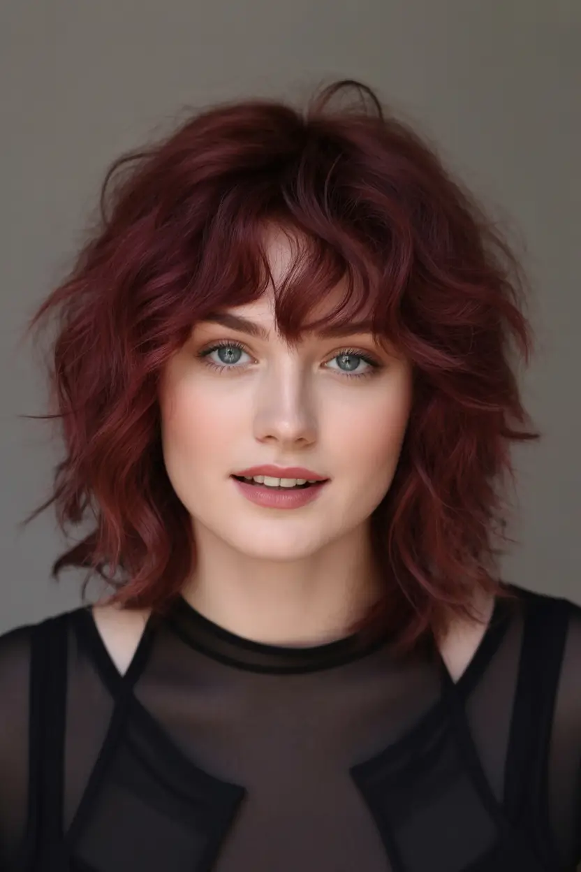 Fall round face haircut Crimson Textured Wolfcut with Shag Bangs