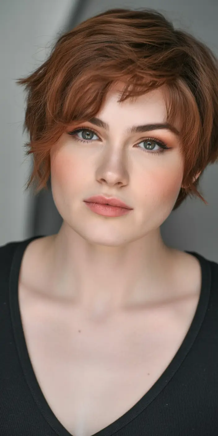 Fall round face haircut Choppy Cinnamon Crop with Tousled Movement