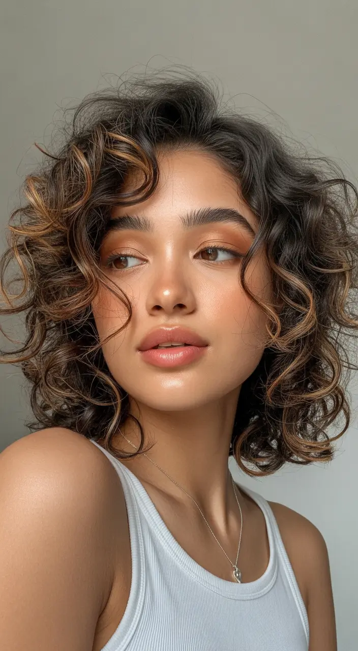 Fall round face haircut Defined Curls with Honey-Toned Face Frame