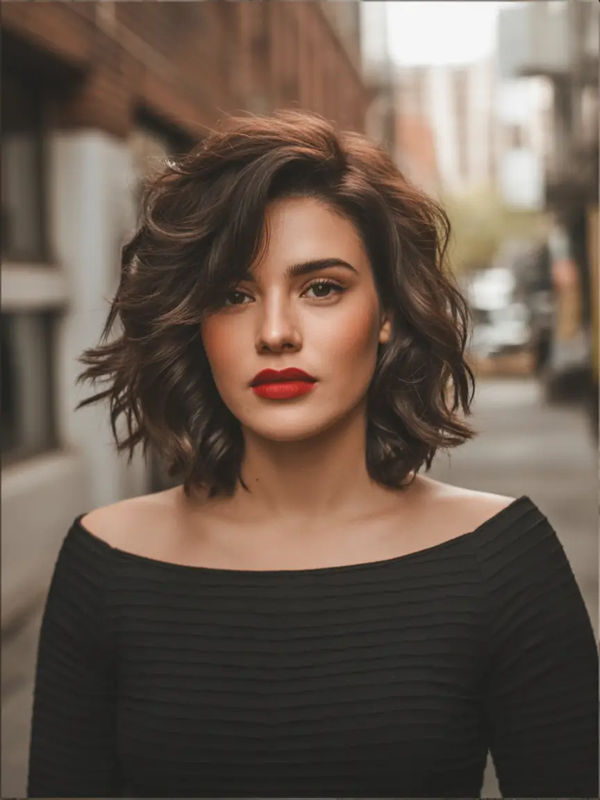 Fall round face haircut Voluminous Mid-Length Waves with Side Part