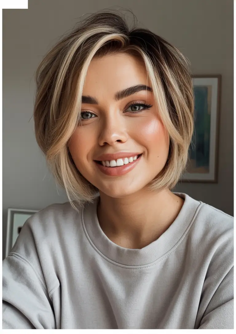 Fall round face haircut Blended Blonde Bob with Side Volume