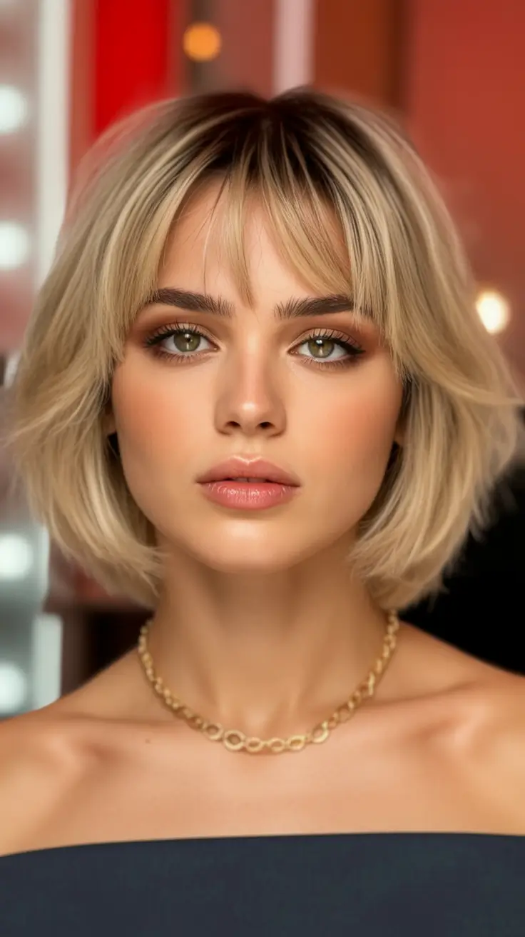Fall round face haircut French Blonde Bob with Feathered Micro Bangs