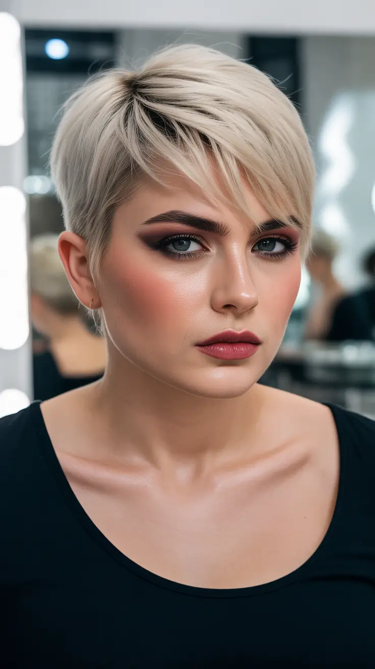 Fall round face haircut Snow Blonde Pixie with Tapered Sides