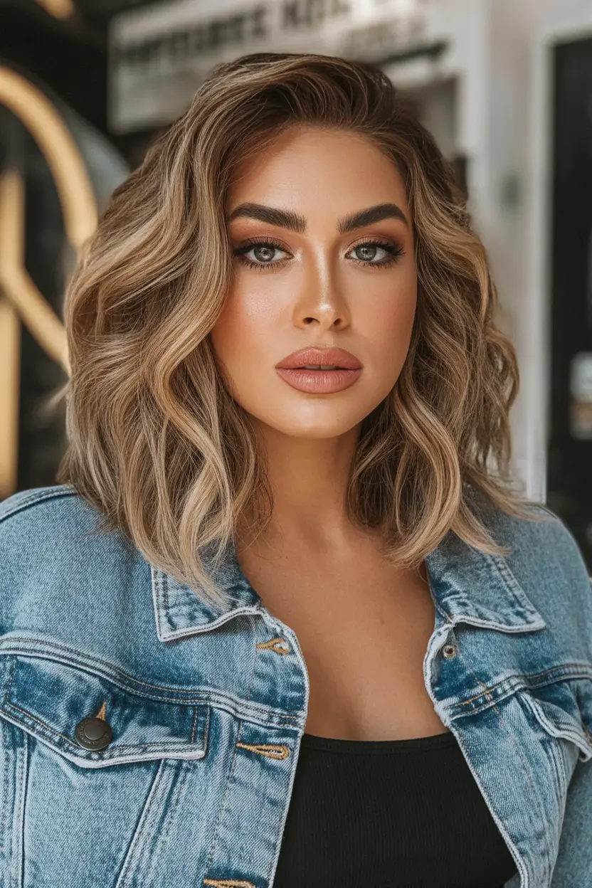 Fall round face haircut Thick Layered Lob with Cool-Toned Balayage
