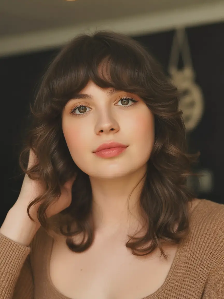 Fall round face haircut Soft Shag with Curtain Bangs and Curl