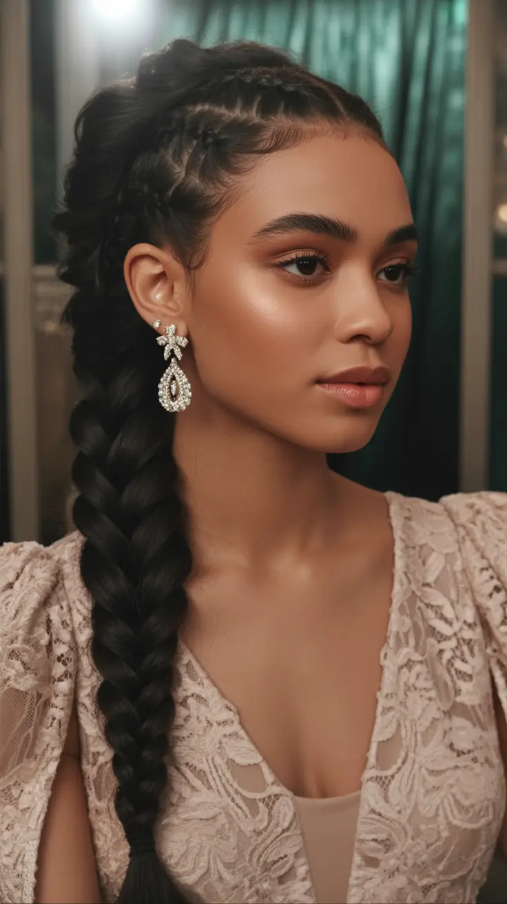 Fall hairstyle for long hairs Side-Swept Cornrow into Long Braid