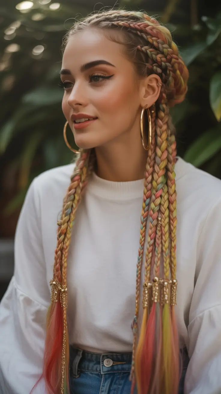 Fall hairstyle for long hairs Rainbow Cornrow Braids with Gold Accents