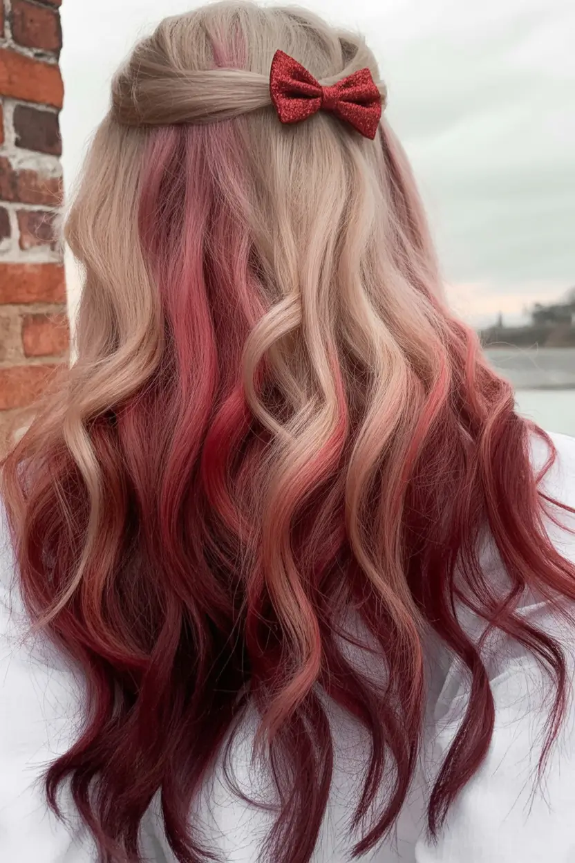 Fall hairstyle for long hairs Rose and Burgundy Half-Up with Bow