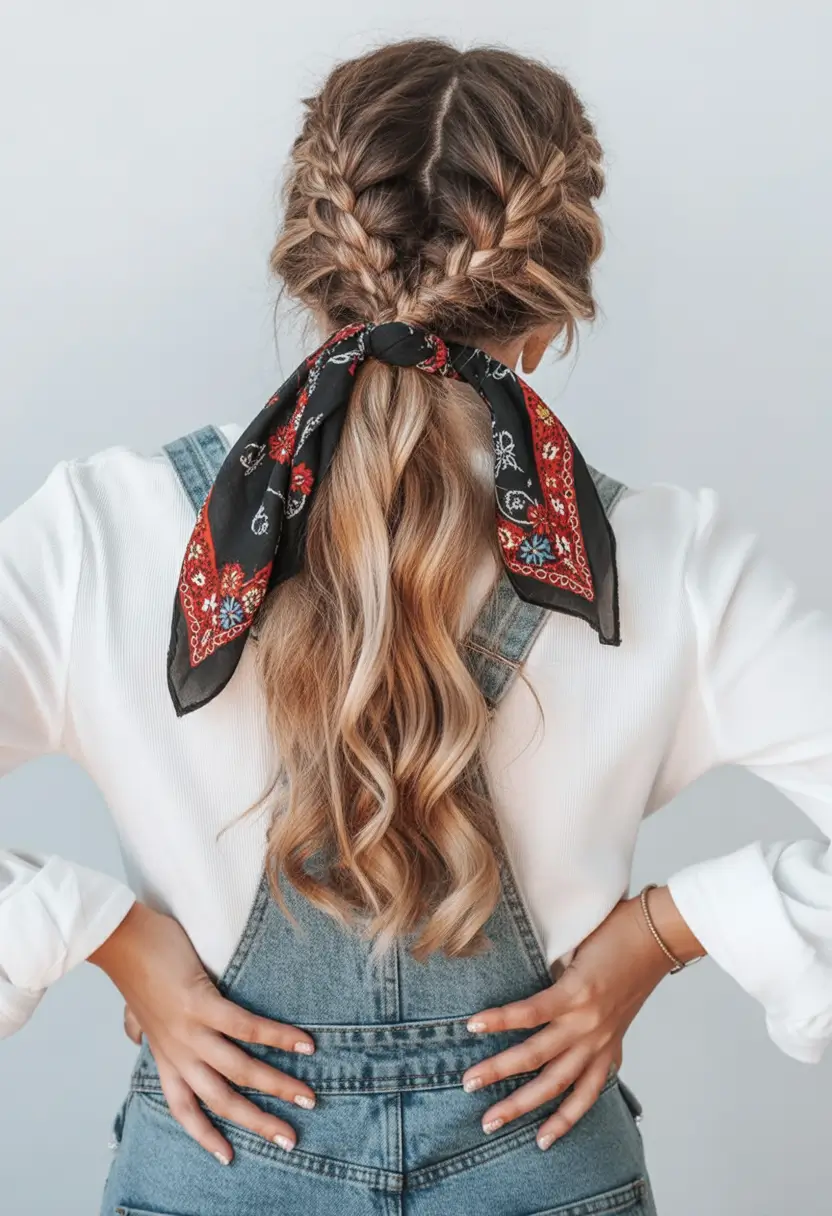 Fall hairstyle for long hairs Low Braided Ponytail with Scarf