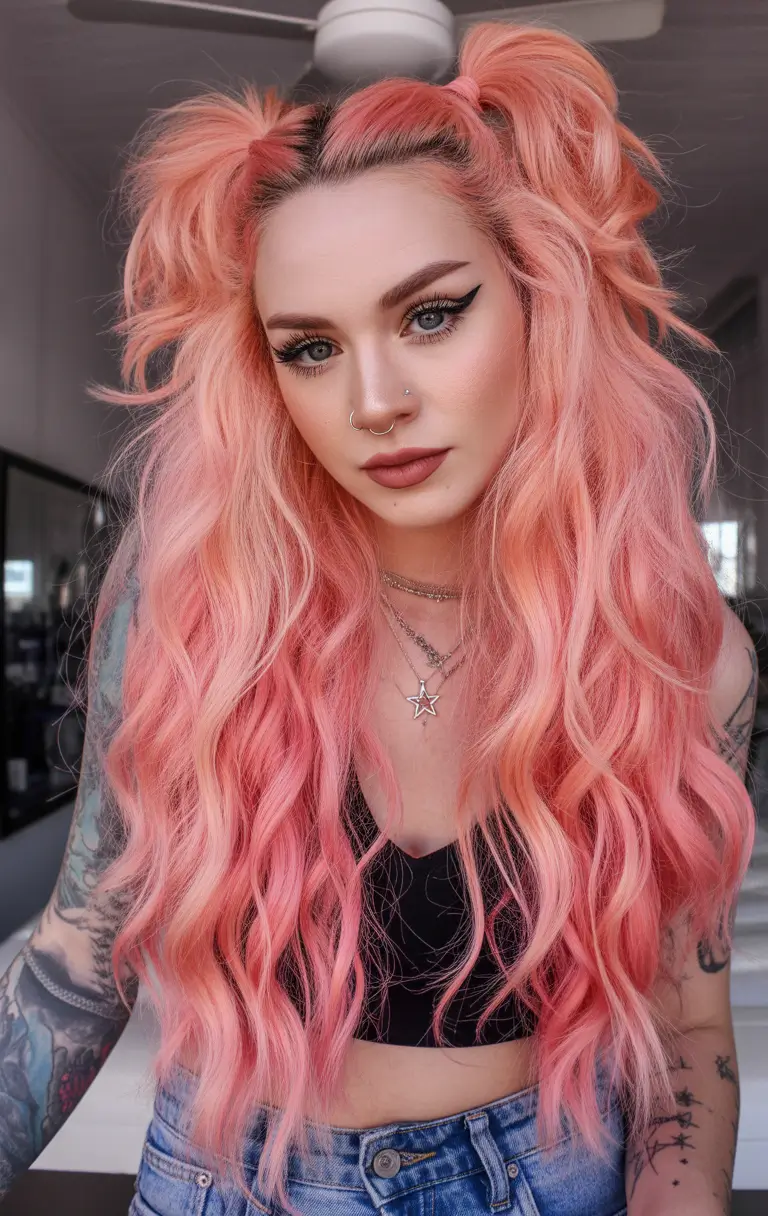 Fall hairstyle for long hairs Peach-Pink Half-Up Space Buns