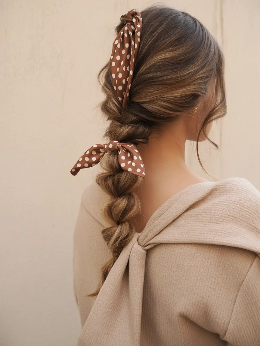 Fall hairstyle for long hairs Twist Braid with Polka-Dot Scarf