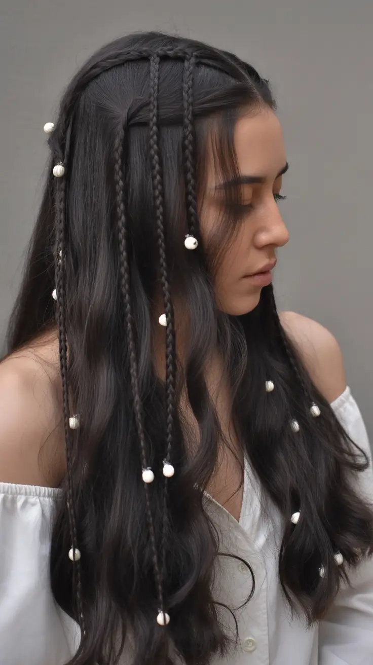 Fall hairstyle for long hairs Long Loose Braids with Pearl Accents