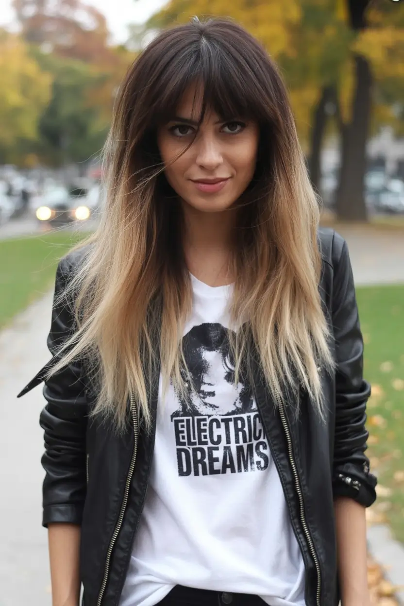Fall hairstyle for long hairs Feathered Bangs with Ombre Lengths