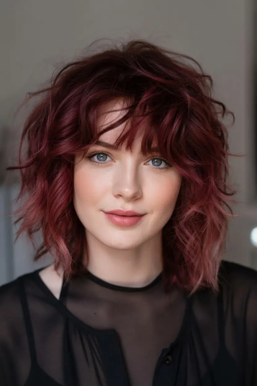 cute fall hair colors Messy Burgundy Shag