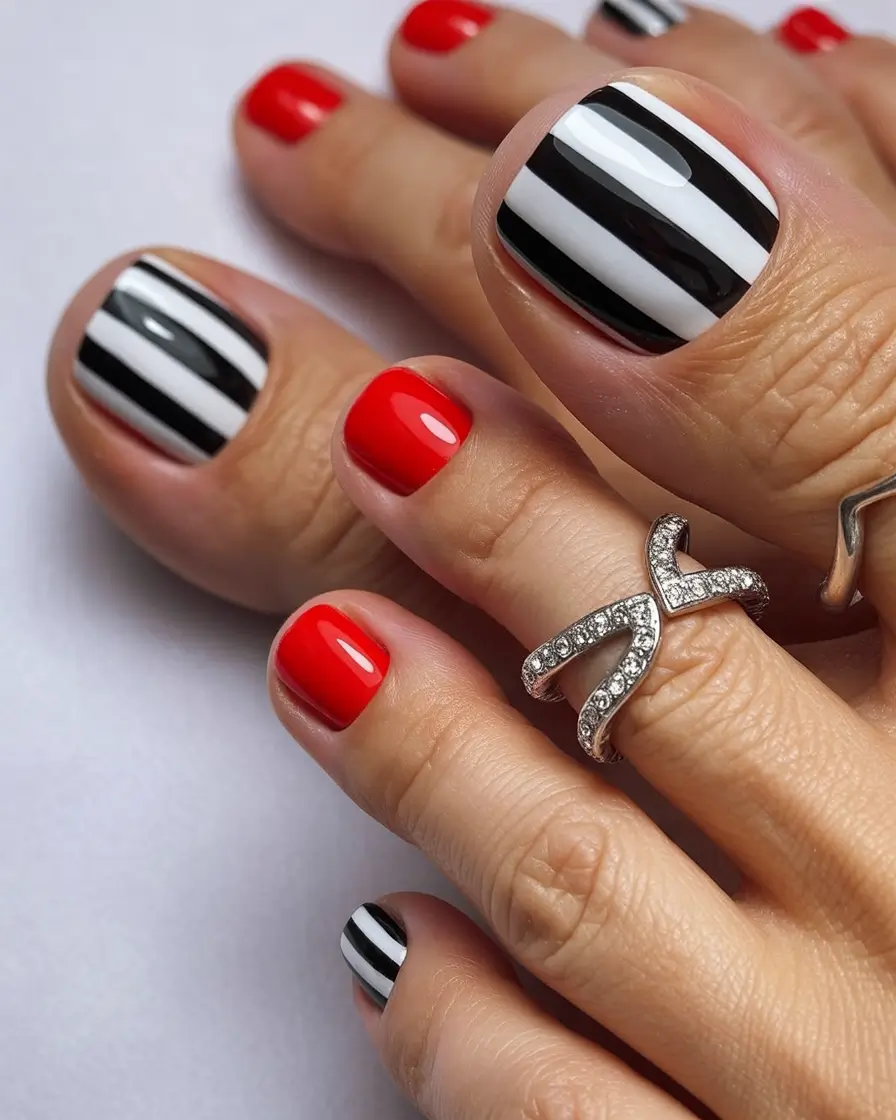 Fall Toe Nail 2025 Bold Stripes With Red Accents