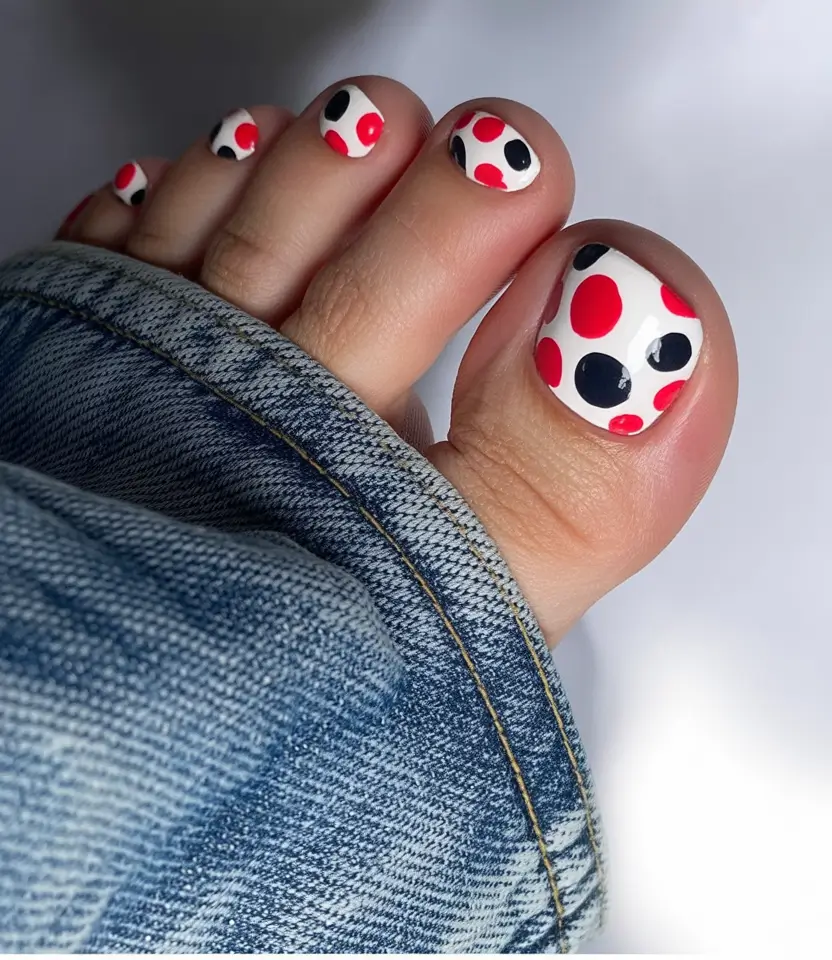 Fall Toe Nail 2025 Playful Red and Black Polka Dots