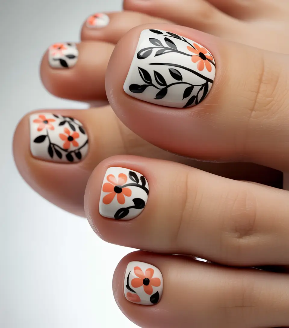 Fall Toe Nail 2025 Floral Charm on White Base