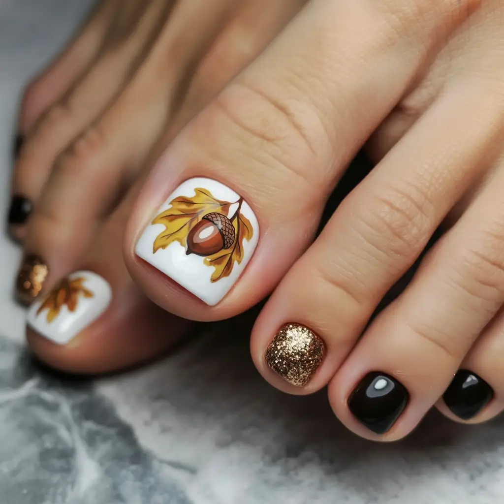 Fall Toe Nail 2025 Acorn and Gold Leaf Detail