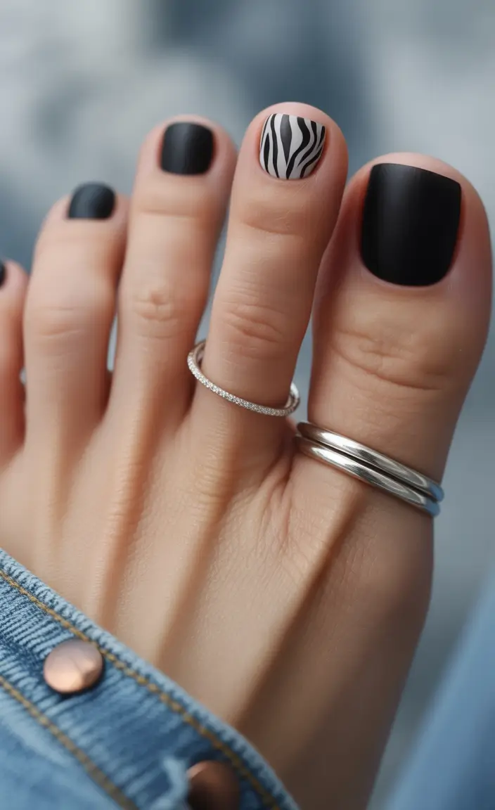 Fall Toe Nail 2025 Matte Black With Zebra Accent