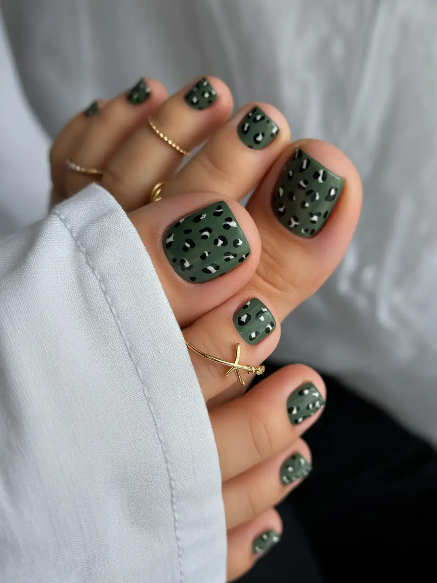 Fall Toe Nail 2025 Olive Green Leopard Print